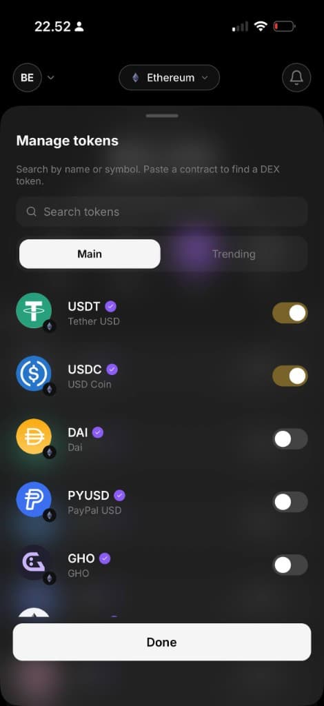 Coinvora manage tokens screen